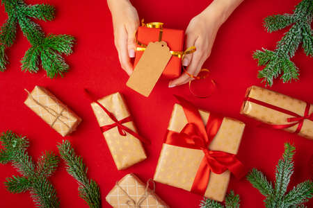 Female hands holding present on a red backgroundの写真素材