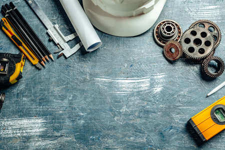 Machine engineer tools set on dark wooden backgroundの写真素材