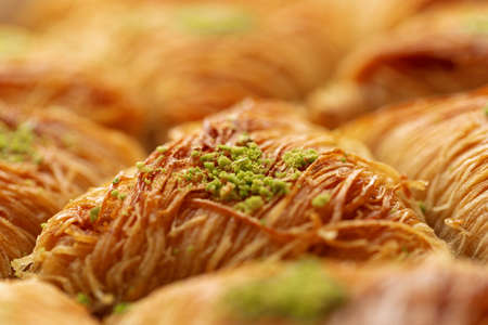 Close up of Turkish Baklava dessert with honey and nutsの写真素材