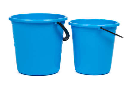 Blue plastic bucket for cleaning isolated on white backgroundの写真素材