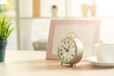 Old-fashioned alarm clock and house plant on wooden tableの写真素材