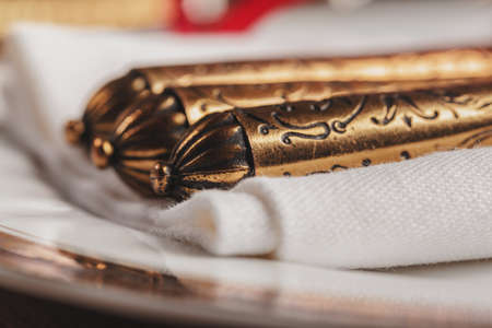 Close up of holiday table setting modern interiorの写真素材