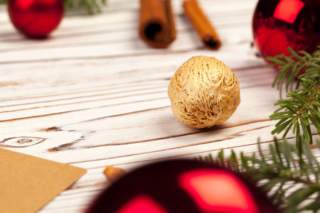 Close up shot of a Christmas decor details on wooden boardの写真素材