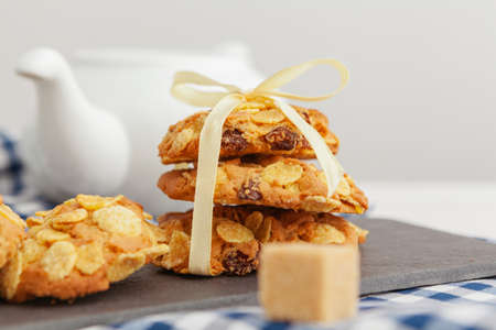 Stack of crunchy tasty cookies on a kitchen table close upの写真素材