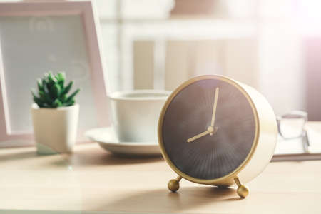 Old-fashioned alarm clock and house plant on wooden tableの写真素材