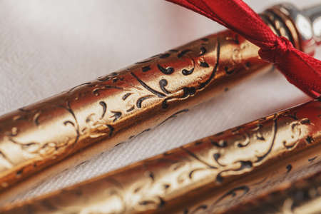 Close up of holiday table setting modern interiorの写真素材