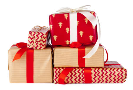 Gift boxes wrapped in craft paper isolated on white background