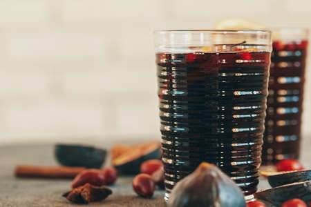 Composition with Glass of glint wine on table close upの写真素材