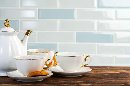 Close up photo of porcelain dishware for teaの写真素材