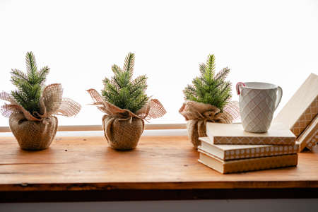 Christmas cane in a white cup on interior backgroundの写真素材