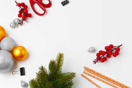 Christmas decorations with baubles isolated on white backgroundの写真素材