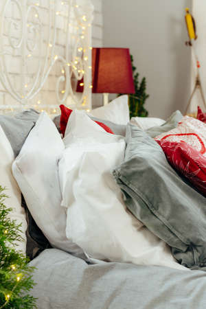 Bedroom decorated for Christmas time close upの写真素材