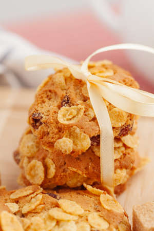 Stack of crunchy tasty cookies on a kitchen table close upの写真素材