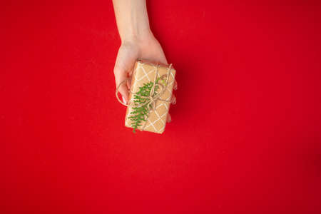 Preparing for Christmas holidays, woman with a gift in her handsの写真素材