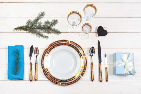 Elegant rustic christmas table setting from above