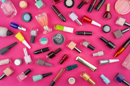 Top view of nail polish bottkes cosmetics patternの写真素材
