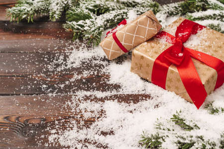 Wrapped gift for winter holidays background with copy spaceの写真素材