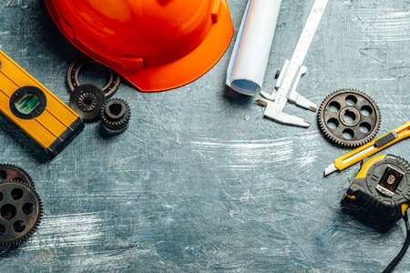 Machine engineer tools set on dark wooden backgroundの写真素材