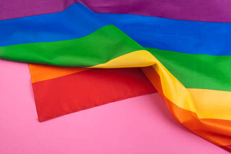 Fabric texture of gay rainbow flag close upの写真素材