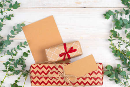 Christmas present with greeting card close upの写真素材