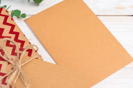 Christmas present with greeting card close upの写真素材