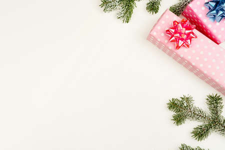 Christmas composition of various gift boxes wrapped in bright paperの写真素材