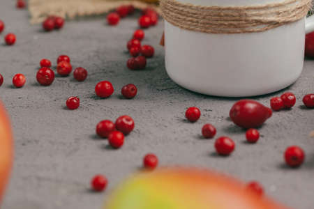 Berries and spices for mulled wine cooking close up on kitchen tableの写真素材