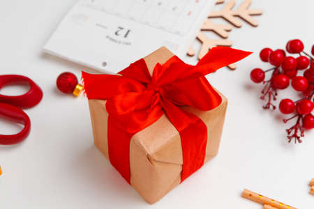 Christmas gift and christmas decorations isolated on white backgroundの写真素材
