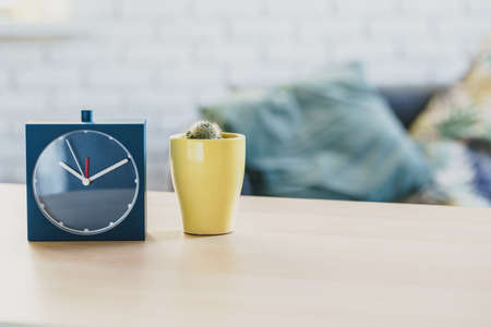 Old-fashioned alarm clock and house plant on wooden tableの写真素材