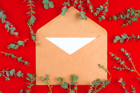 Craft envelope with letter inside on red background with plant branchesの写真素材