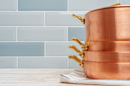 Modern kitchen details with copper kitchenware close upの写真素材