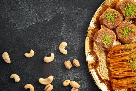 Delicious baklava dessert in oriental setting on black background