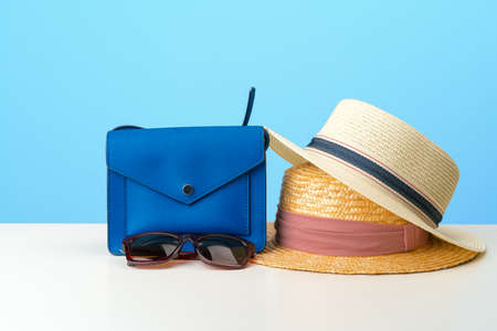 Female handbag with accessories flat lay top viewの写真素材