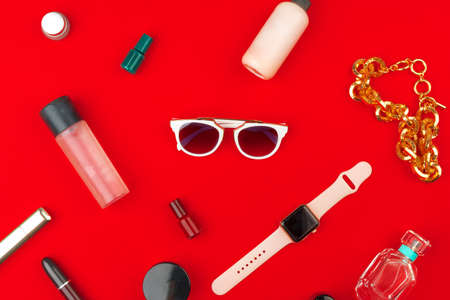 Stylish woman accessories on bright background close upの写真素材