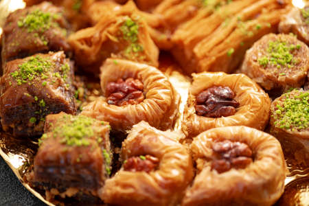Close up of delicious baklava at a hotel buffetの写真素材