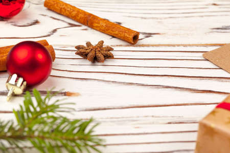 Close up shot of a Christmas decor details on wooden boardの写真素材