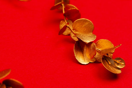 Christmas holiday decoration on bright red backgroundの写真素材