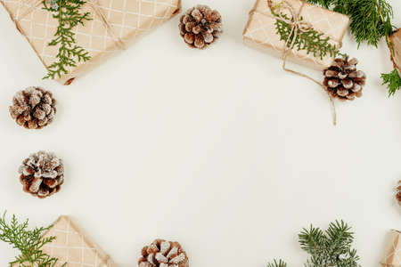 Christmas composition with Christmas gift. Top view, flat lay, copy space