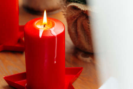 Red and white Christmas candles interior decorationの写真素材