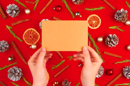 Christmas composition with empty sheet of paper in the centerの写真素材