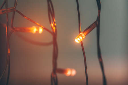 Illuminated garland close up on dark backgroundの写真素材