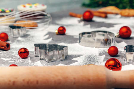Preparing for Christmas. Baking holiday cookies close upの写真素材