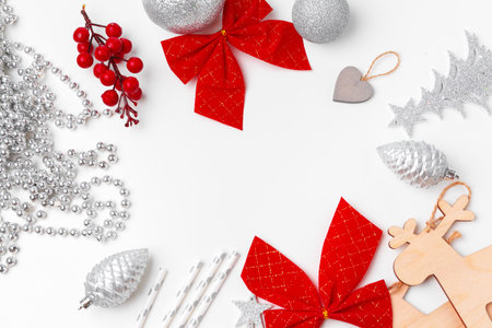 Christmas gift and christmas decorations isolated on white backgroundの写真素材