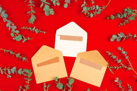 Craft envelope with letter inside on red background with plant branchesの写真素材