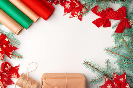 Accessories for Christmas gifts decorating on white background, top view, copy spaceの写真素材