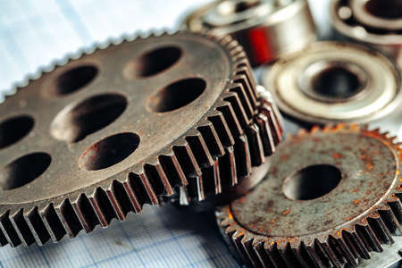 Close up of old rusty car parts on dark backgroundの写真素材