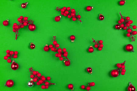 Dried cranberry decoration on green background for christmasの写真素材