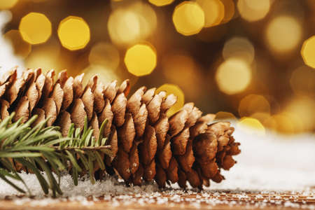 Wooden table with snow on it close up
