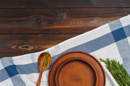 Rustic style table setting on wooden backgroundの写真素材
