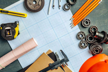 Car engineering tools top view on graph paperの写真素材